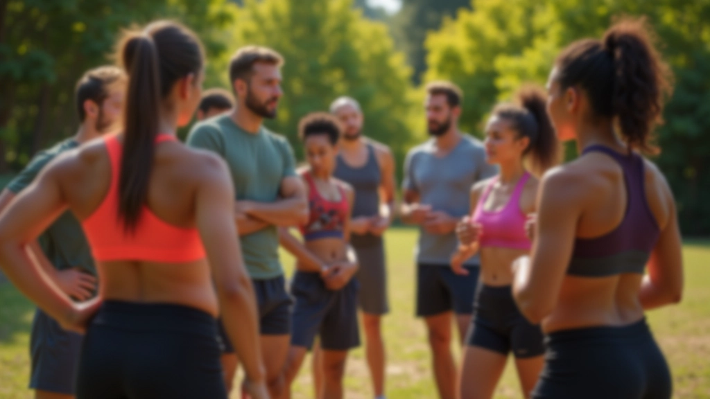 Grupo de atletas a discutir em inglês durante um treino ao ar livre