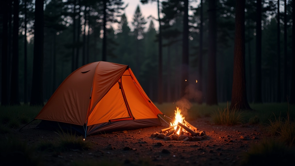Tenda de campismo numa clareira da floresta com fogueira acesa ao entardecer, atmosfera aconchegante