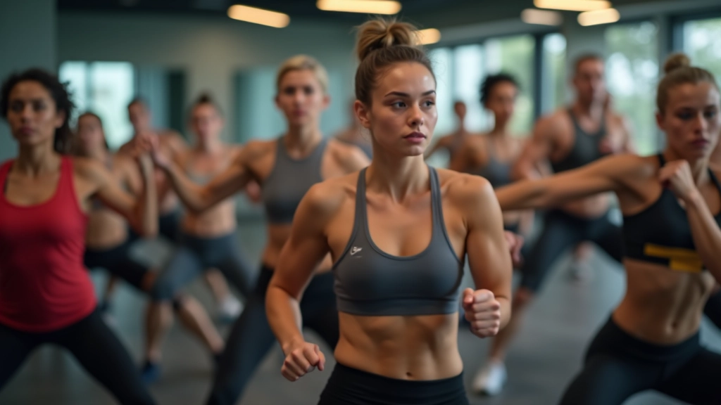 Grupo de pessoas a fazer exercício de alta intensidade numa aula de fitness, suando, com rostos concentrados e corpos em movimento dinâmico