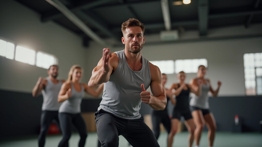Instrutor de fitness numa aula em grupo, demonstrando exercício com dinamismo e energia
