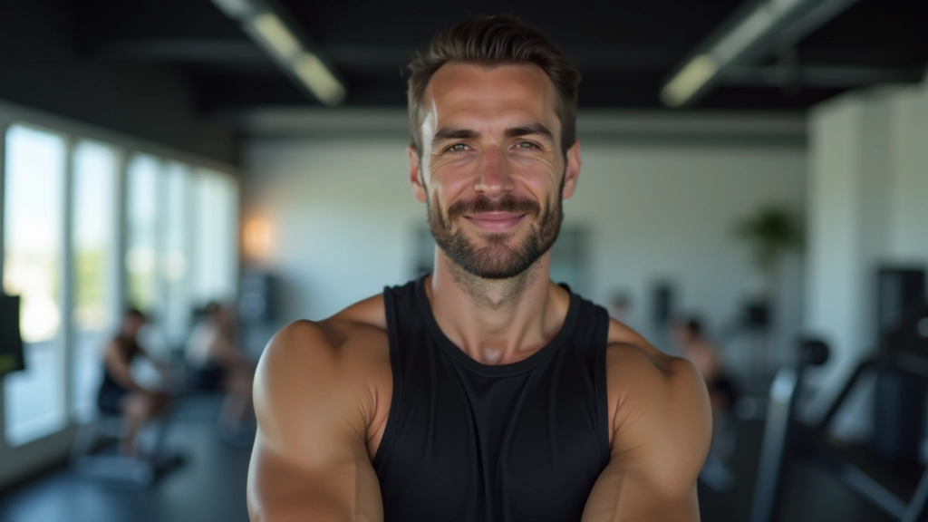 Instrutor de fitness numa aula de grupo, demonstrando exercício com dinamismo numa sala bem iluminada