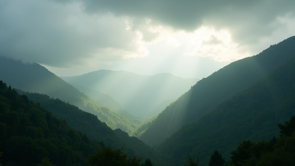 Paisagem natural com nuvens dinâmicas, raios solares através da neblina, floresta verdejante