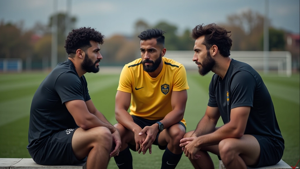 Jogadores de futebol em conversa tática no banco de suplentes