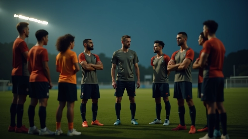 Equipa de futebol em círculo, unida antes do jogo, mostrando espírito de grupo